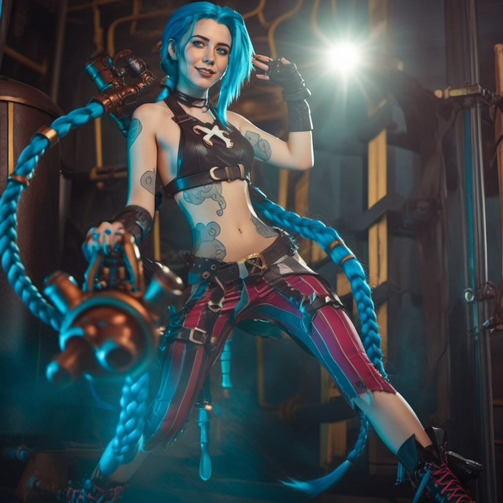 cinematic photo cinematic photo portrait of a woman,  blue hair and braids is posing for a picture, steampunk background <lora:Jinx1024-000260:0.8> . 35mm photograph, film, bokeh, professional, 4k, highly detailed