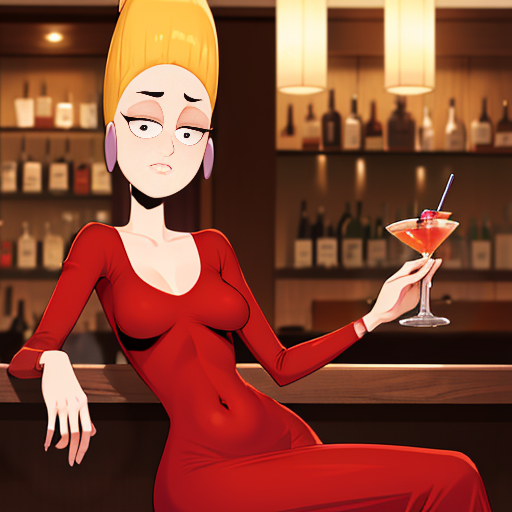 Piklez, pickle shaped hair, small breasts, navel ,solo, black eyes, round eyes, bored expression, sleepy, Pikattire, (long crew neck red dress:1.2), earrings, high heels, sitting a bar table, drinks on wall, leaning back on counter, one hand free, (insanely detailed, beautiful detailed face, masterpiece, best quality) 
<lora:Pickles-10v2:0.8>