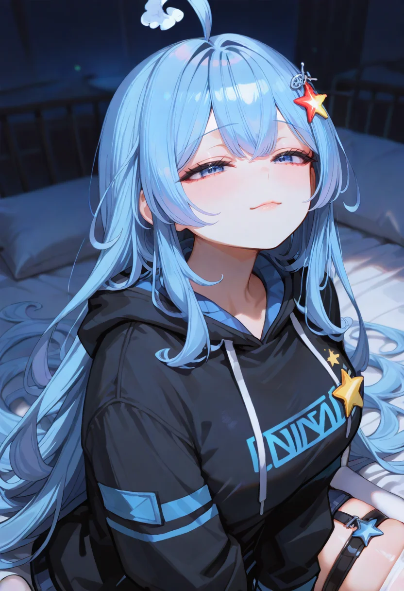 <lora:HandFixer_pdxl_Incrs_v1:1>, <lora:그림보ì ìì 기:0.5>, <lora:그림보ì ponyv6_noobV1_2_adamW-000017:1>, <lora:add-detail-xl:1.5>, <lora:NOOB_EPSv1_1_detailer_by_vlnvk_v1_0:1.5>, <lora:그림보ì ìì¸íë:1>, <lora:ratatatat74_XL_v2:0.8>, <lora:748cmSDXL:0.6>, masterpiece, best quality, amazing quality, distinct, super_detail, very aesthetic, absurdres, highly detailed, Illustration, score_9, score_8_up, score_7_up, score_6_up, 1girl, solo,
(upper body:1.5), incredibly absurdres, sketch, light smile, looking at viewer, on bed, wariza, half-closed eyes, from above, foreshortening, ,dim lighting, dark, depth of field, black hoodie, white thighhighs, white tank top,
<lora:ìºë¦í°_ëë°ë¤:1>, blue_eyes, blue_hair, large_breasts, long_hair, very_long_hair, ahoge, hair_ornament, thigh_strap, garter_straps, star_hair_ornament, star_(symbol), striped,