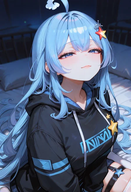 <lora:HandFixer_pdxl_Incrs_v1:1>, <lora:ê·¸ë¦¼ë³´ì  ìì ê¸°:0.5>,  <lora:ê·¸ë¦¼ë³´ì  ponyv6_noobV1_2_adamW-000017:1>, <lora:add-detail-xl:1.5>, <lora:NOOB_EPSv1_1_detailer_by_vlnvk_v1_0:1.5>, <lora:ê·¸ë¦¼ë³´ì  ìì¸íë:1>, <lora:ratatatat74_XL_v2:0.8>, <lora:748cmSDXL:0.6>, masterpiece, best quality, amazing quality, distinct, super_detail, very aesthetic, absurdres, highly detailed, Illustration, score_9, score_8_up, score_7_up, score_6_up, 1girl, solo, 
(upper body:1.5), incredibly absurdres, sketch, light smile, looking at viewer, on bed, wariza, half-closed eyes, from above, foreshortening, ,dim lighting, dark, depth of field, black hoodie, white thighhighs, white tank top, 
<lora:ìºë¦­í°_ëë°ë¤:1>, blue_eyes, blue_hair, large_breasts, long_hair, very_long_hair, ahoge, hair_ornament, thigh_strap, garter_straps, star_hair_ornament, star_(symbol), striped,