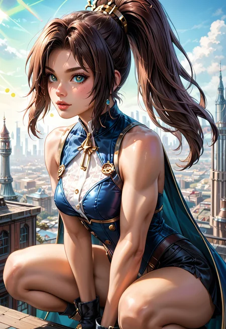 score_9, score_8, score_7, Freckled furry girl, captivating eyes glowing lime amidst swirling psychedelic patterns, crouching nimbly amidst the towering mirrored structures of a Steampunk cityscape. Her breast swelling beneath a sleeveless muscle shirt, her long brown shag cut hair cascading down her back into a high ponytail, a cape billowing around her petite frame. The city, alive with plantlife, watches in wonder as she gracefully moves, her actions hinting at a hidden, mysterious agenda.