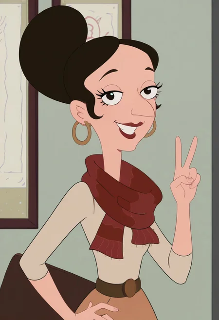 ((room background)), score_9, score_8_up, score_7_up,score_6_up,
1girl, solo, MsMurawski_MML, fair skin, black eyes, prominent nose, dark brown hair, high hair bun, two long hair curls, gold hoop earrings, red scarf, light beige blouse, tan knee-length skirt, brown belt, dark brown heeled boots, smile, perfect smile, tall, perfect eyes, looking at viewer, big breasts, standing, (bust shot) five fingers, perfect hands, (hand on hip, hand up, v sign)