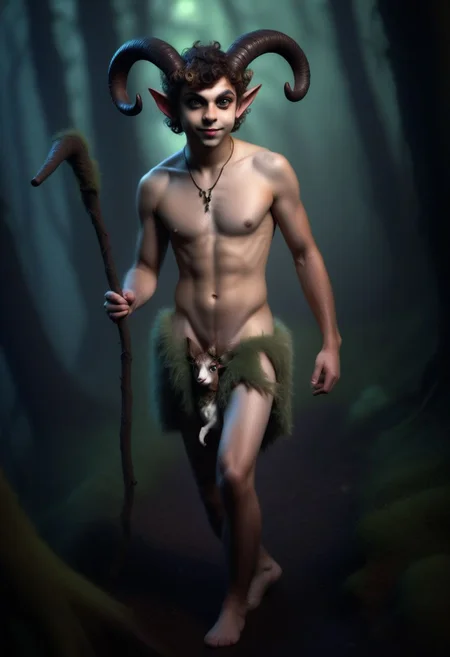 In the style of Dungeons and Dragons and Dark Fantasy, 1male, a candid ((photorealistic)) full body photo of a spry and cute male satyr with curling horns, goat ears, vibrant green eyes, curly hair, wearing a fur loincloth, walking in a dense foreboding forest, Moody lighting, volumetric fog, intricate detail with sharp focus