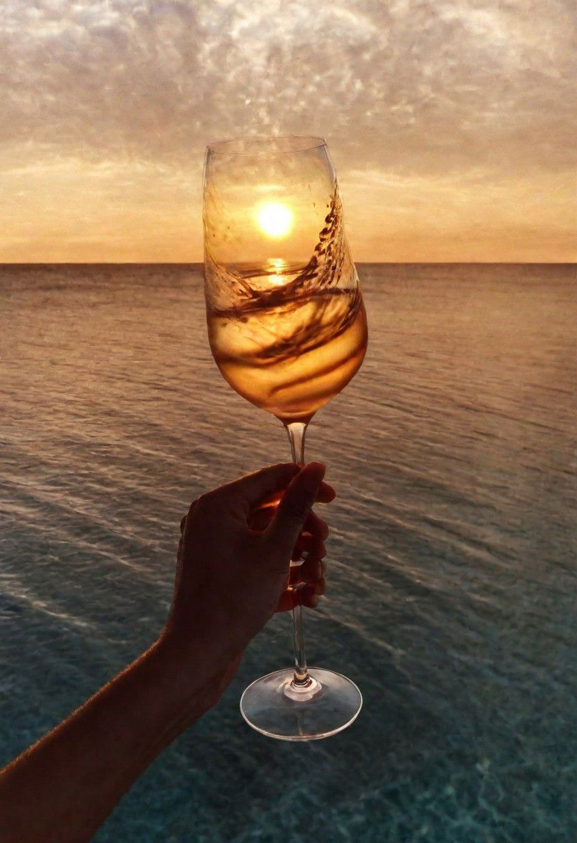 F-B-C, POV, foreground: a hand stir a glass filled with water   , background: sunset on the sea , effect: sunset reflecting into the liquid filling the glass