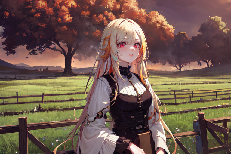 (otherworldly), highly insanely detailed, masterpiece, top quality, best quality, highres, 4k, 8k, RAW photo, (very aesthetic, beautiful and aesthetic), farm, fields, barn, fence, fantfa, <lora:FantasyFarm-10:0.6>, 
1girl, 
(gold hair,pure white hair,vibrant orange hair ,multi_color_hair,multicolored hair,multi colored hair), 
(maroon background),âââ