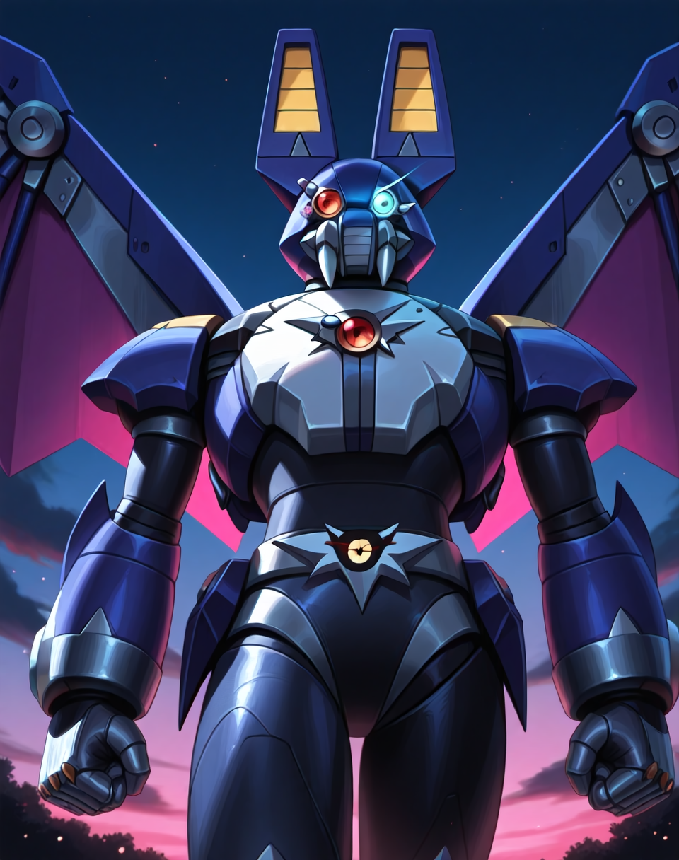 <lora:Dark_Necrobat_(Mega_Man_X)_(Illustrious)_(AD):1.35> Dark Necrobat, reploid, MMX, 
exterior, night sky with dark clouds,
male focus, intense shadows, dynamic shadows, intricate details, attention to details, gradient coloring, bright vivid colors, robot, bent leg, glossy metal body, dynamic action, cowboy shot, 
BREAK very awe, masterpiece, best quality, amazing quality, very aesthetic, highres, absurdres, photographic realism, 8K CGI render, 
EZRealPONYXL, zPDXL, Smooth Quality, lazynsfw,
