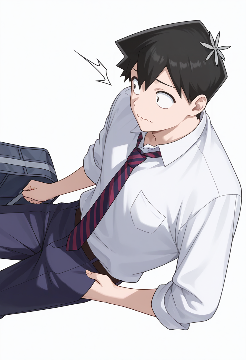 Smooth Quality,masterpiece,very intricate, high quality details, ultra realistic, high detailed skin,detailed enviorement,
simple background, white background, 
sideways,wavy mouth,walking pose, one hand in pocket, head slightly turned, casual stride, confident aura,  ,
<lora:Tadano_Hitohito_cnn:0.8>tadanohitohitocnn, tadanocnn,1boy,black hair, short hair, black eyes, hair flower,
school uniform, white shirt,striped necktie, pants,