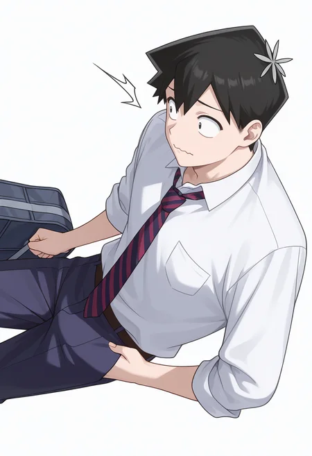 Smooth Quality,masterpiece,very intricate, high quality details, ultra realistic, high detailed skin,detailed enviorement,
simple background, white background, 
sideways,wavy mouth,walking pose, one hand in pocket, head slightly turned, casual stride, confident aura,  ,
<lora:Tadano_Hitohito_cnn:0.8>tadanohitohitocnn, tadanocnn,1boy,black hair, short hair, black eyes, hair flower,
school uniform, white shirt,striped necktie, pants,