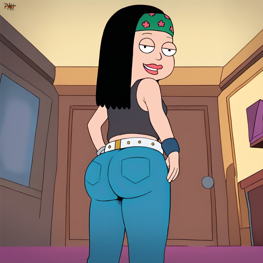 Hayley smith, black hair, headband, 1girl, solo, two full black symmetrical pupils, Big tits, big ass, huge ass, tank top, belt, jeans, seductive smile, low angle shot, ass focus, showing off ass, stood up, laughing, pov from below, fully dressed, American dad living room, cocky smile, both hands grabbing her own ass.