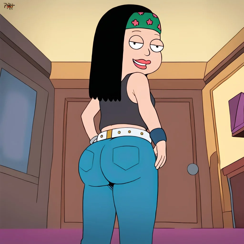 Hayley smith, black hair, headband, 1girl, solo, two full black symmetrical pupils, Big tits, big ass, huge ass, tank top, belt, jeans, seductive smile, low angle shot, ass focus, showing off ass, stood up, laughing, pov from below, fully dressed, American dad living room, cocky smile, both hands grabbing her own ass.