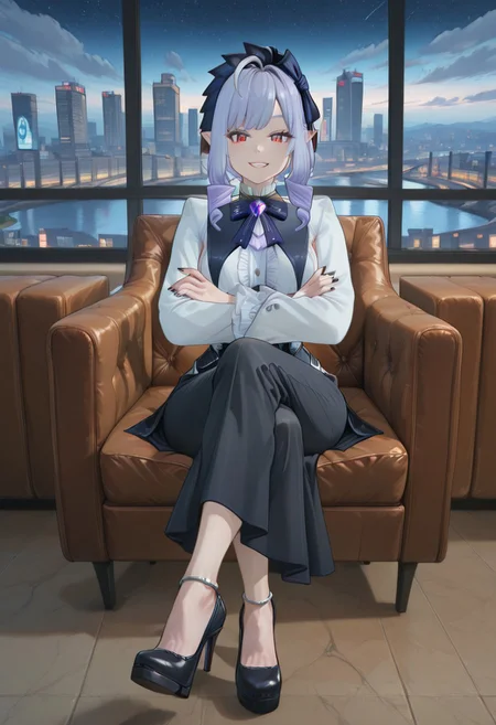 masterpiece, best quality, amazing quality, very aesthetic, absurdres, newest, scenery, volumetric lighting, perfect eyes, ultra detailed, high heels, platfor high heels, focus feet, sitting, crossed legs, full body,
1girl, Vivian, solo, purple hair, hair ringlets, ahoge, blue hairband, hair bow, hair ornaments, pointy ears, red eyes, double iris, purple inner iris, slit pupils, black nails, white hair strands,
high collar, double bowtie, purplebowtie gem, nobility dress, black and white dress, dress buttons, dress frills,
looking at viewer, parted lips, sly smile, evil grin, crossed arms, looking down, from below,
city landscape, river river reflections, city lights, nightime, detailed background, beautiful frame, clouds, stars,
<lora:Vivian_-_Zenless_Zone_Zero_ZZZ_-_Illustrious:1>
masterpiece, best quality, amazing quality, very aesthetic, absurdres, newest, scenery, volumetric lighting, perfect eyes, ultra detailed,