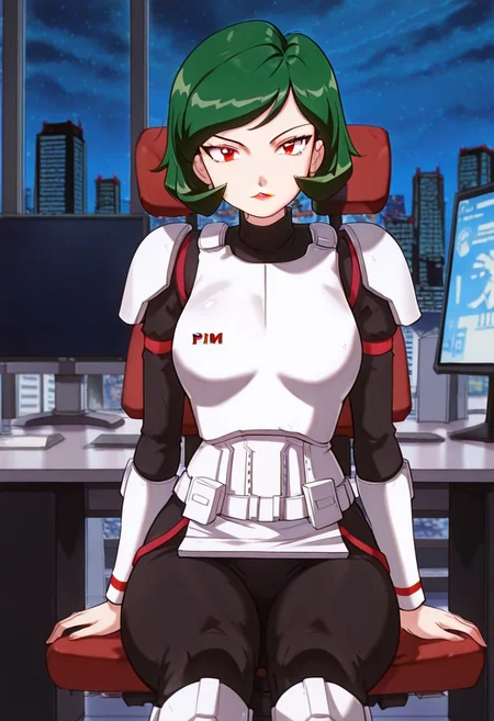 masterpiece, best quality, good quality, <lora:PMWendyIL:0.9>, PMWendy, 1girl, solo, green hair, short hair, red eyes, lipstick,stormtrooper, armor, white armor, black bodysuit, bodysuit under clothes,
looking at viewer, sitting, monitor
BREAK indoors, day, office, swivel chair, window, night sky, cityscape,