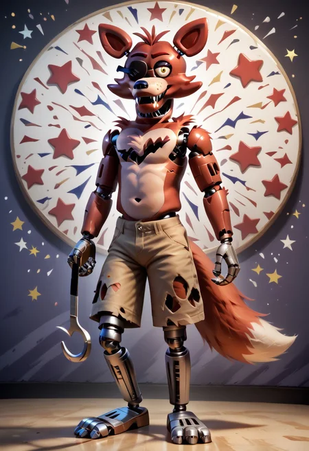 score_9, score_8_up, score_7_up, solo male, FoxyPirateFNAF1, yellow eyes, hook hand, hook left hand, robot, withered animatronic, robot joints, animatronic, damaged body, red fur, brown shorts, torn clothing, chest tuft, head tuft, cheek tuft, shoulder tuft, metal legs, fox tail, fangs, biped, smirk, smug, grin, standing, raised hand, bent legs, spread legs, perfect hands, full-length portrait, standing, cool, psychedelic background, star pattern, confetti, looking at viewer,
BREAK
highly detailed, shading, highres, Masterpiece, perfect lighting, zPDXL3, detailed background
