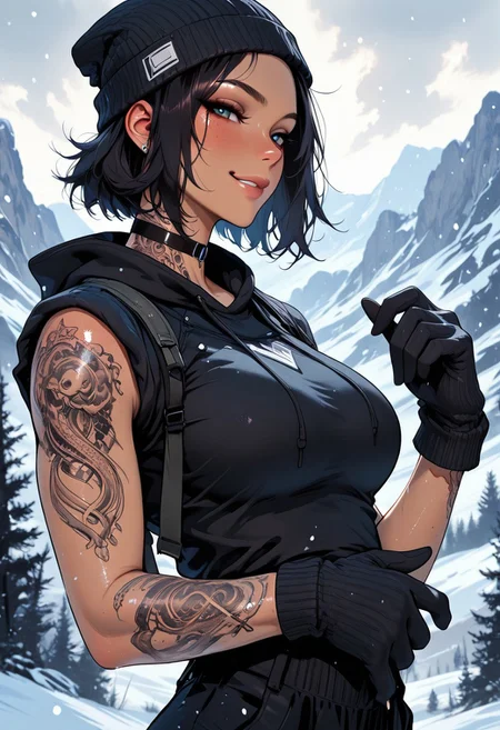 highres, very detailed, amazing quality, masterpiece,
very aesthetic,
glitter, particle effect,
1girl, solo, tan skin, toned arms, Covered in Tattoos, tattoo, arm tattoos, neck tattoos, chest tattoos, hoodie, beanie, large breasts, choker, knit gloves, visible shoulders, sleeves rolled up, forearms visible,
seducing, seductive, flirty, tender, loving, playful, looking at viewer, smirk,
Hiking on a mountain, snowing, Cloudy Sky,