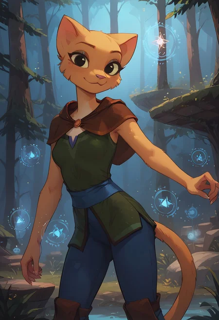 score_9, score_8_up, score_7_up, score_6_up, score_5_up, score_4_up, masterpiece, best quality, very aesthetic, absurdres, (masterpiece), highest quality, upper body, 1girl, sorceress, (solo),
katia_managan, cat girl, furry, black eyes, solid circle pupils, brown capelet, green dress, blue pants, sleeveless,  thick eyeliner, perfect face, slim, small breasts, (symmetrical), 
beautiful detailed face, slim, small breasts, (confident smile), hands pulsating with blue magic energy, (blue magic effects), (casting spell), dynamic pose, blue magic particles, glowing particles, outdoors, daytime, serene forest, detailed background, blurry background,
