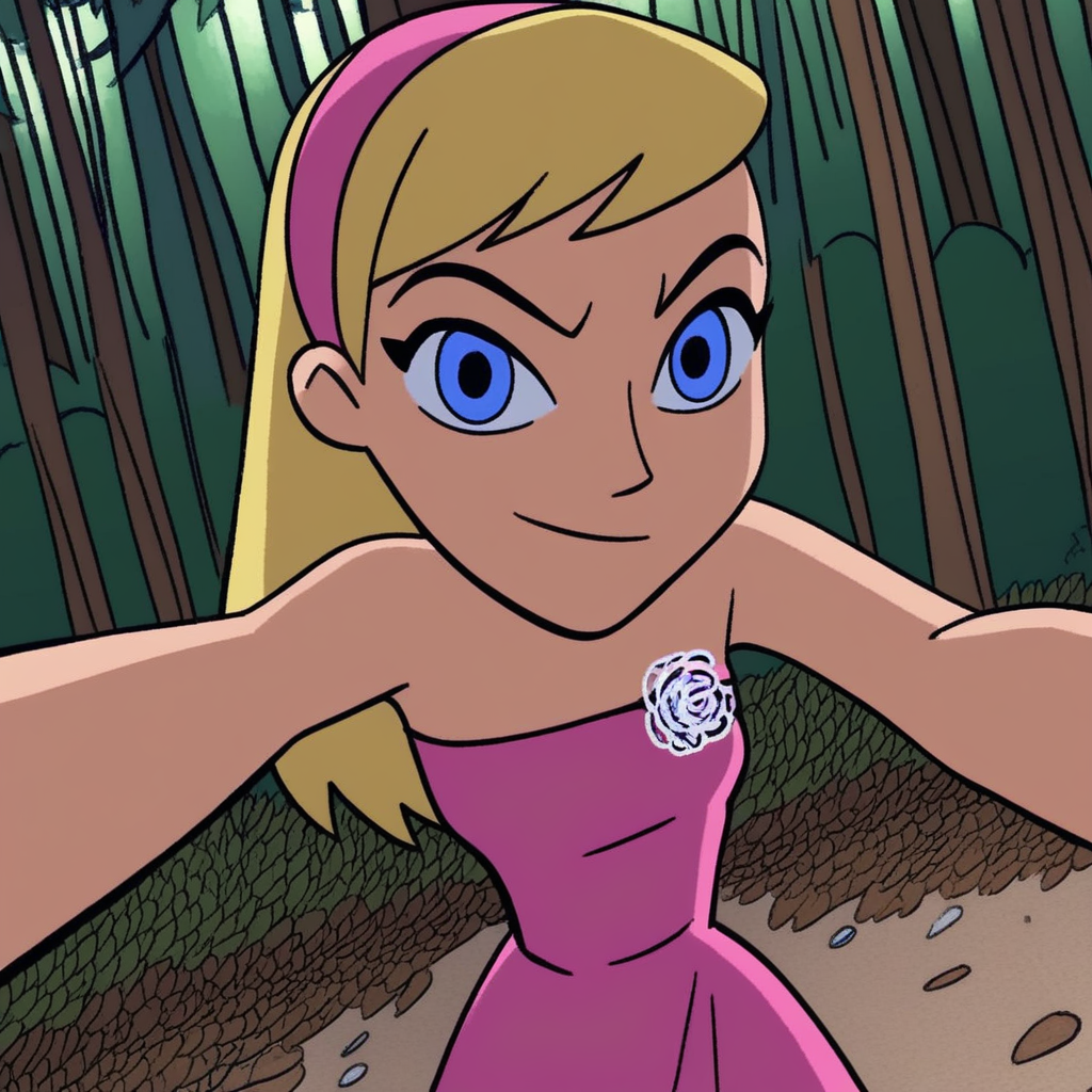 score_9, solo, kit_tt, blonde hair, hairband, blue eyes, strapless dress, selfie, forest,