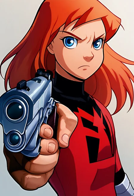 score_9, score_8_up, score_7_up, solo, cowboy shot, 1girl, female focus, 2D, julie_power, red hair, blue eyes, flat chest, super_suit, bracers, chest logo, upper body, source_anime, detailed, angry, holding weapon, handgun, holding gun, aiming at viewer, revolver, finger on trigger, looking at viewer