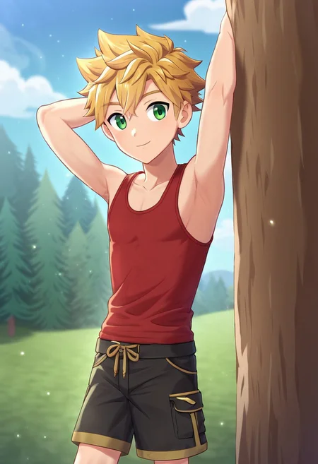 connor, blonde hair, bangs. spiky hair, short hair, green eyes, camp buddy, boy, solo, young, medium build body, wear red tank top, wear black shorts, outdoor, sunny day, clear sky, standing,