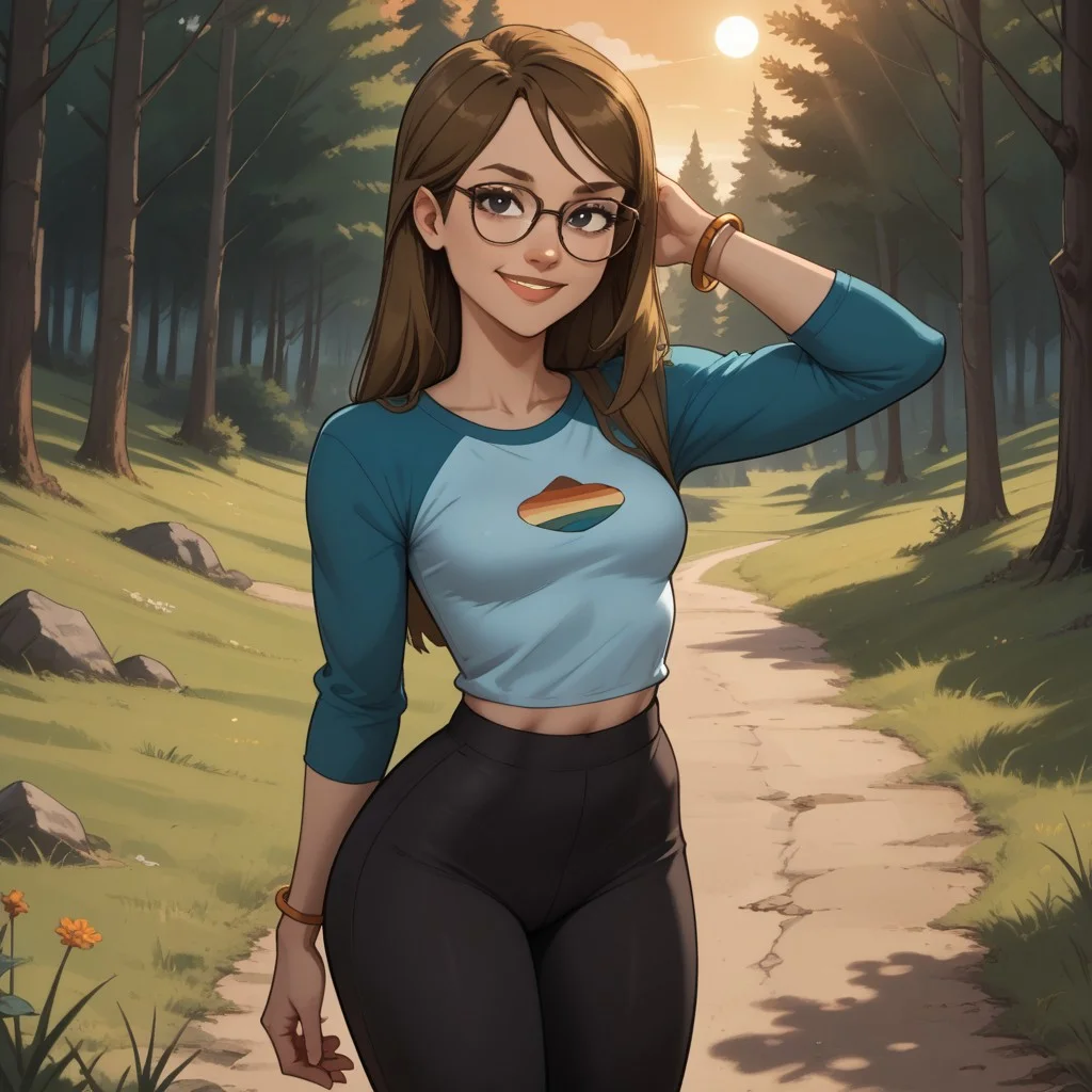 score_9, score_8, BREAK, solo, 1girl, multicolored long sleeves, undershirt, leggings, glasses, brown hair, long hair, black eyes, sneakers, breasts, total drama, Mary_(Total_Drama), tdtrr, cute, bracelet, sexy pose, self portrait, smile, outdoors, sunlight, shadows, evening lighting, natural lighting, forest, trees, grass, orange sky, sunset