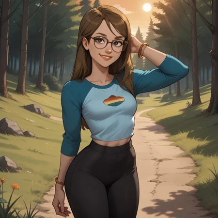 score_9, score_8, BREAK, solo, 1girl, multicolored long sleeves, undershirt, leggings, glasses, brown hair, long hair, black eyes, sneakers, breasts, total drama, Mary_(Total_Drama), tdtrr, cute, bracelet, sexy pose, self portrait, smile, outdoors, sunlight, shadows, evening lighting, natural lighting, forest, trees, grass, orange sky, sunset