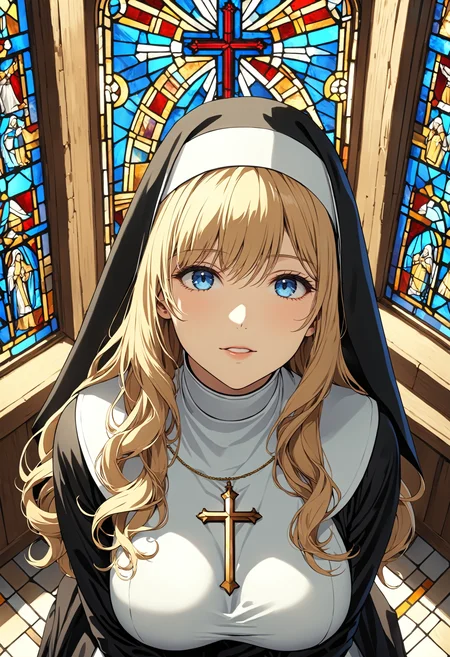 masterpiece, best quality, 4k, 8k, 1girl, (huge breasts:1.00), (blonde hair, long hair, wavy hair:1.10), blue eyes, kneeling, (looking up:0.9), upper body, from above, church, (nun:1.10), (stained glass window:0.9), holy, (cross:0.9), <lora:naughty_to_nice_XL_v1.0:0>