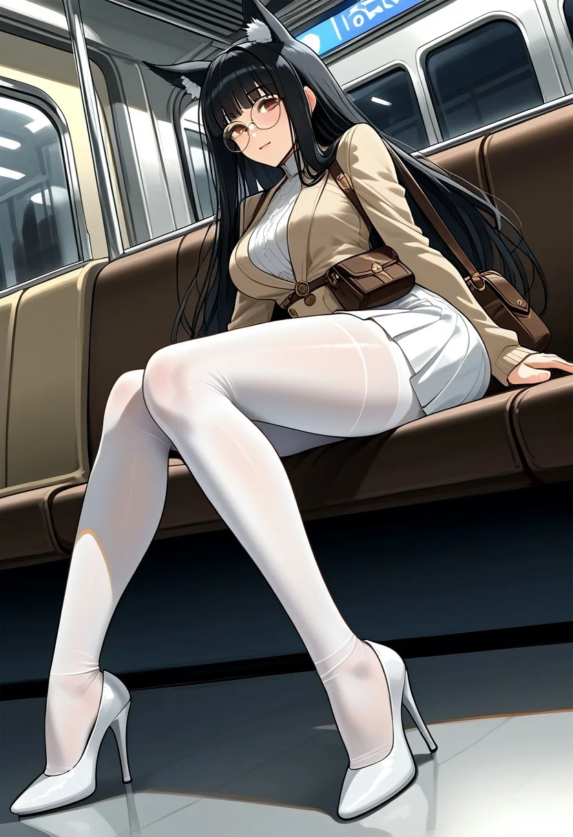 slim woman, big hips, big tits, black hair, long hair, straight bangs, hime princess hair, big boobs, white light in the hair, black fox ears, round glasses, brown eyes, perfect face, big thighs, beige blouse, long white skirt, white heels, sitting, in a subway, side right view, close up, brown leather female bag, view to camera, white pantyhose