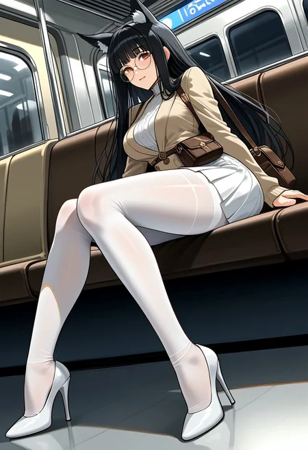 slim woman, big hips, big tits, black hair, long hair, straight bangs, hime princess hair, big boobs, white light in the hair, black fox ears, round glasses, brown eyes, perfect face, big thighs, beige blouse, long white skirt, white heels, sitting, in a subway, side right view, close up, brown leather female bag, view to camera, white pantyhose
