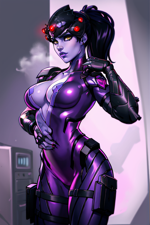 masterpiece,best quality,extreme detail,8k,image sharpness,<lora:widowmaker-10:0.8> widow2, 1girl, solo, long hair, breasts, looking at viewer, large breasts, black hair, gloves, cleavage, jewelry, medium breasts, yellow eyes, ponytail, purple hair, cowboy shot, earrings, armor, blurry, lips, bodysuit, tattoo, makeup, colored skin, lipstick, shoulder armor, pauldrons, center opening, stud earrings, holster, purple skin, hair pulled back, purple lips, thigh holster, pink bodysuit, head-mounted display