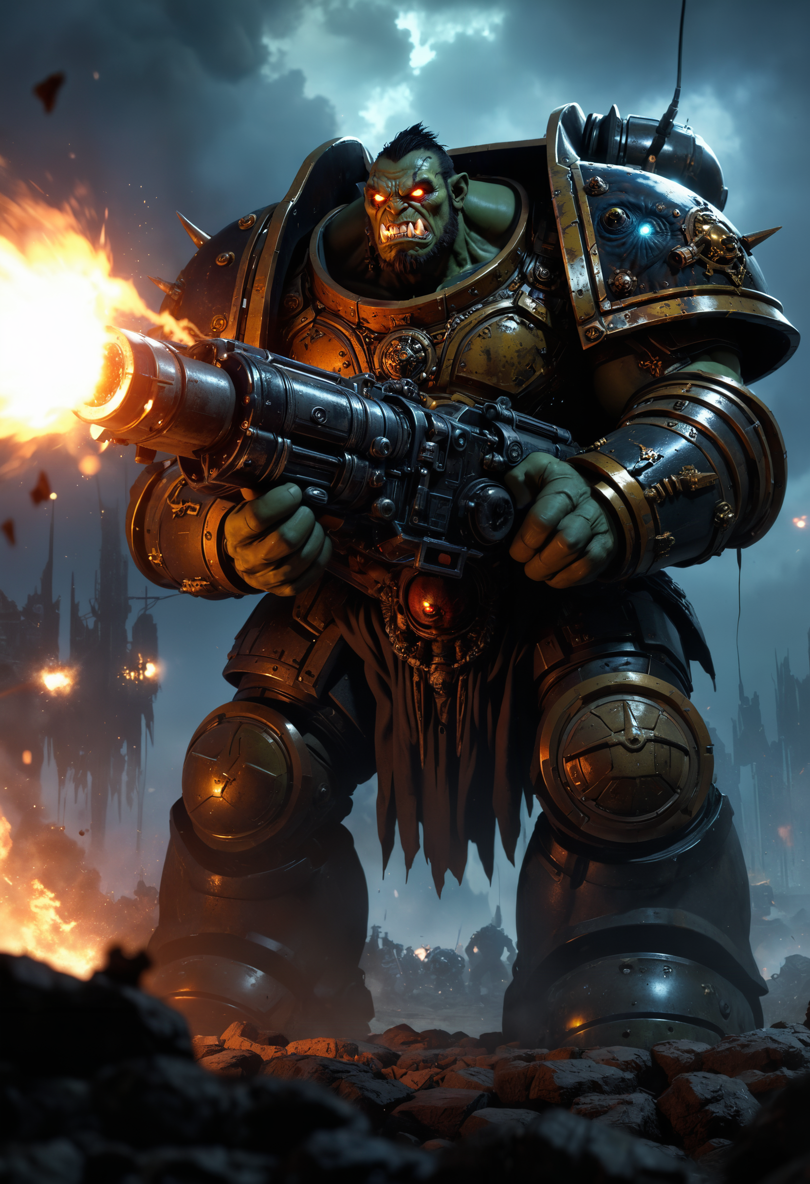 highly detailed and hyper realistic, hyper realistic and highly detailed photo, frontal low angle cinematic full shot, close up of a horrifying towering Warhammer 40000 Orc with detailed glowing eyes and an angry expression, wearing heavy sci-fi plate armor, heavily armed, holding and firing a huge ballistic cannon, raging over the battlefield, limited dark colors, atmospheric haze, motion blur, depth of field, cinematic, hyper realistic and highly detailed photo, highly detailed, hyper detailed, ultra intricate details
<lora:xl_more_art-full_v1:0.5> <lora:add-detail-xl:1>