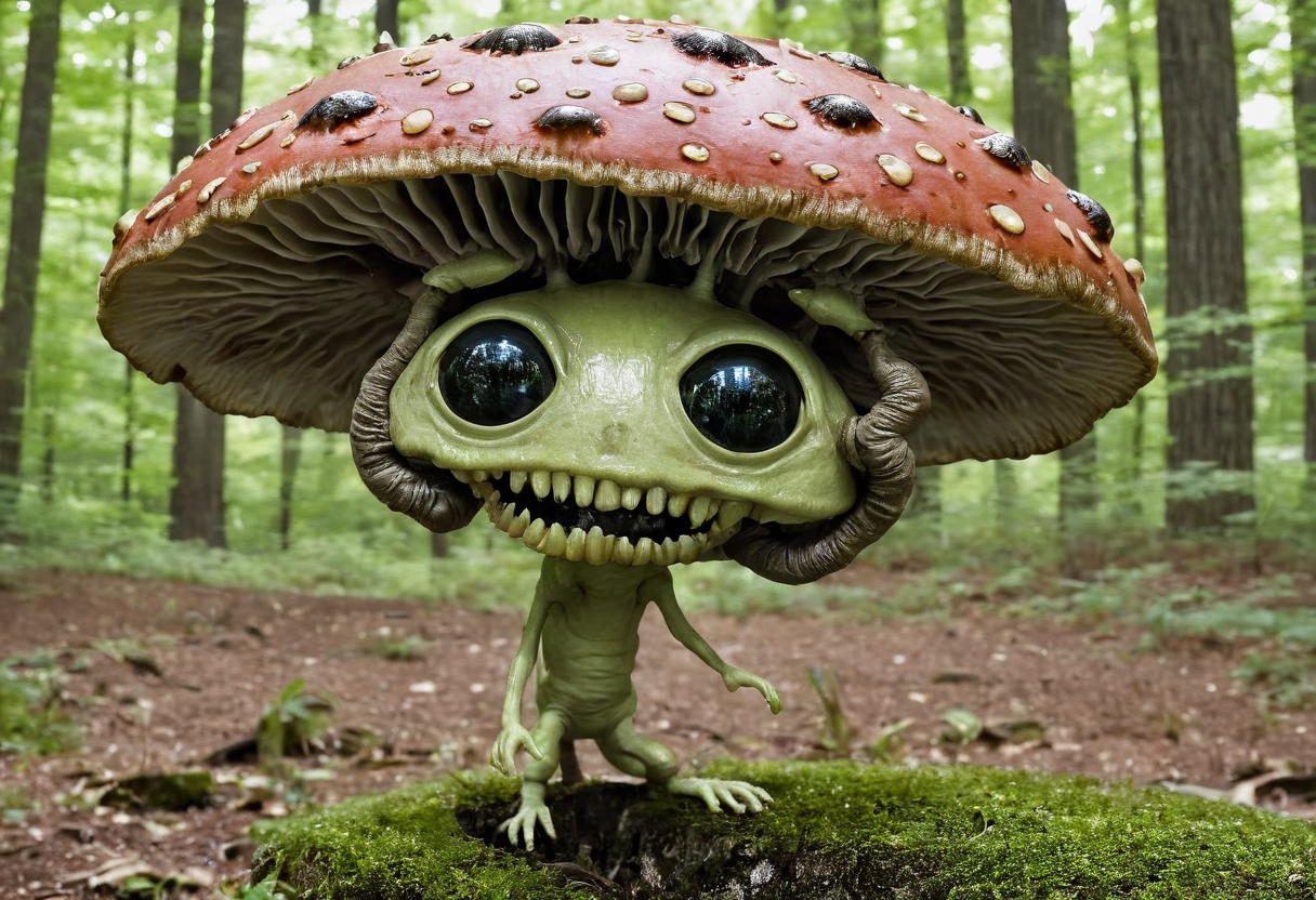photo Alien-themed anthropomorphic biomechanical android monster alien mushroom, Extraterrestrial, 35mm photograph <lora:y2kmadmix_v0.0.1:1>