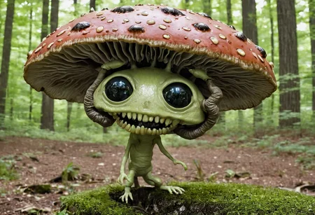 photo Alien-themed anthropomorphic biomechanical android monster alien mushroom, Extraterrestrial, 35mm photograph <lora:y2kmadmix_v0.0.1:1>