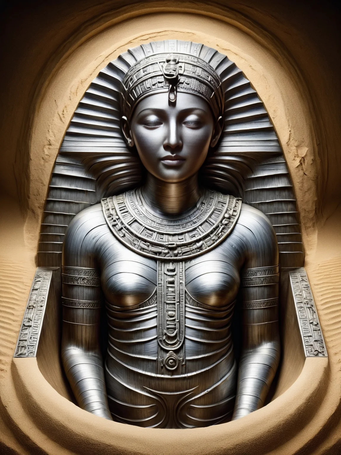 An ais-steelz mummy in an intricate ancient sarcophagus elaborately designed, unearthed from the sand <lora:Brushed_Steel_Style_SDXL:1>