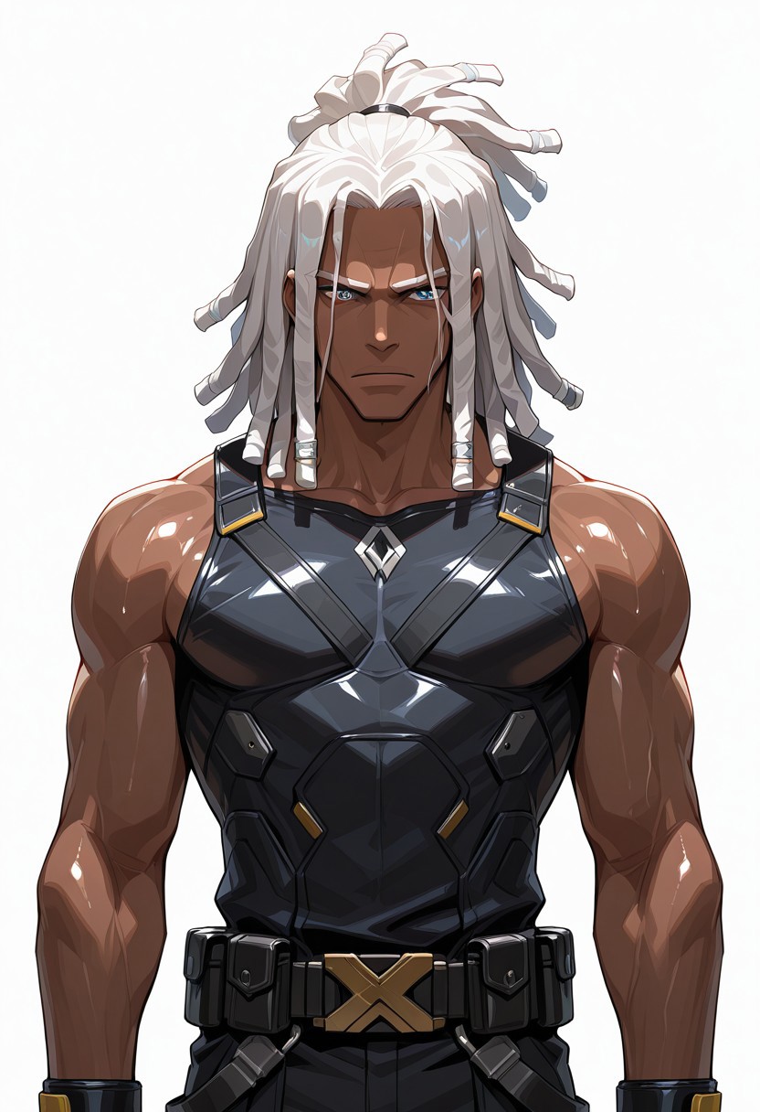 Source_anime, Score_9, score_8_up, resolution, 8k, highest quality, high resolution, best quality, masterpiece, soft lighting, volumetric lighting, detailed background, shiny skin, beautiful, Perfect color eyes, detailed eyes, shiny skin, 
...
White background, 
... 
1male, dark-skinned male, dreadlocks,  wicks locks, white hair, huge dreadlocks