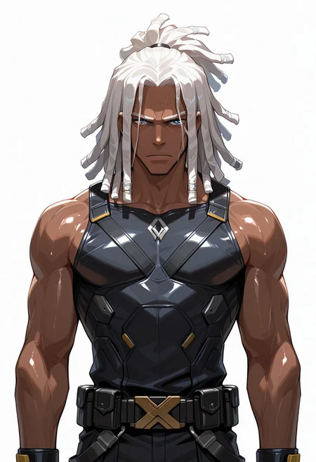 Source_anime, Score_9, score_8_up, resolution, 8k, highest quality, high resolution, best quality, masterpiece, soft lighting, volumetric lighting, detailed background, shiny skin, beautiful, Perfect color eyes, detailed eyes, shiny skin, 
...
White background, 
... 
1male, dark-skinned male, dreadlocks,  wicks locks, white hair, huge dreadlocks