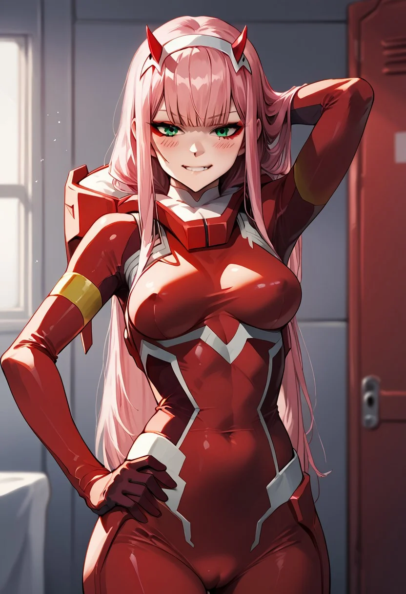 Scire_9, score_9_up, score_8_up, score_7_up, source_anime, eye catching, zero two, (green eyes:1.5), hairband, horns, long hair, pink hair, red horns, white hairband, 1girl, bangs, biting, blush, covered navel, eyeshadow, green eyes, hair behind head, hand on hip, horns, smile, long hair, looking at viewer, makeup, medium breasts, pilot suit, red suit, pink hair, red eyeshadow, science fiction, skin tight, solo