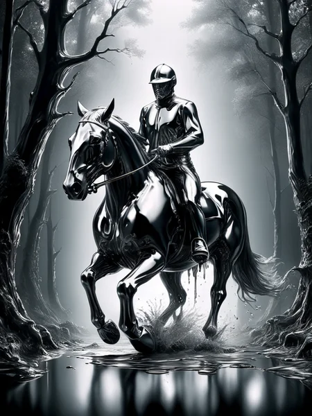 ral-chrome, horse riding through dark mythical forest, while dripping chrome <lora:ral-chrome-sdxl:1>