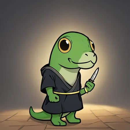 score_9, score_8_up, score_7_up, score_6_up, rating_safe, <lora:prikkiki-ti:0.8> prikkikiti, green skin, nostrils, lizard tail, black kimono, loose clothes, reptile, bracelet, <lora:paper_mario_style:1> paper_mario_style, holding knife