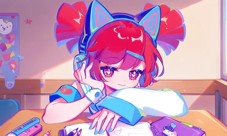 1girl, solo, standing, light smile, sleepy, arms on table, head rest,  upper body, straight-on, pov, looking at viewer, sparkling eyes,  classroom, day, sunlight, sitting, flip phone, pencil case, notebook, 
BuroJKNewStyle,
BuroMD, blue hairclip, blue hair tie, blue fingernails,
red hair, short twintails, hair between eyes,blunt ends, short hair, pink eyes,
white sailor shirt,
BuroJKOutfit,
blue cat ear headphones, blue armband,broken heart print, single long sleeve, navel, blue pleated skirt, miniskirt,blue cat tail,  red loose socks,sneakers,
<lora:[AnimagineXL_V3.1]BuroJK_Muse_Dash_v.1:1>, masterpiece, best quality, very aesthetic, absurdres