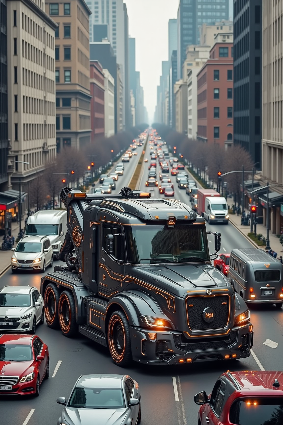 YFG-R1gs, A time-manipulating tow truck, its chronometric stabilizers allowing it to rewind and fast-forward time, rescues vehicles from historical traffic jams. The tow truckâs AI analyzes the traffic patterns and adjusts its temporal field to clear the congestion. The surrounding city is a blend of historical and modern architecture.