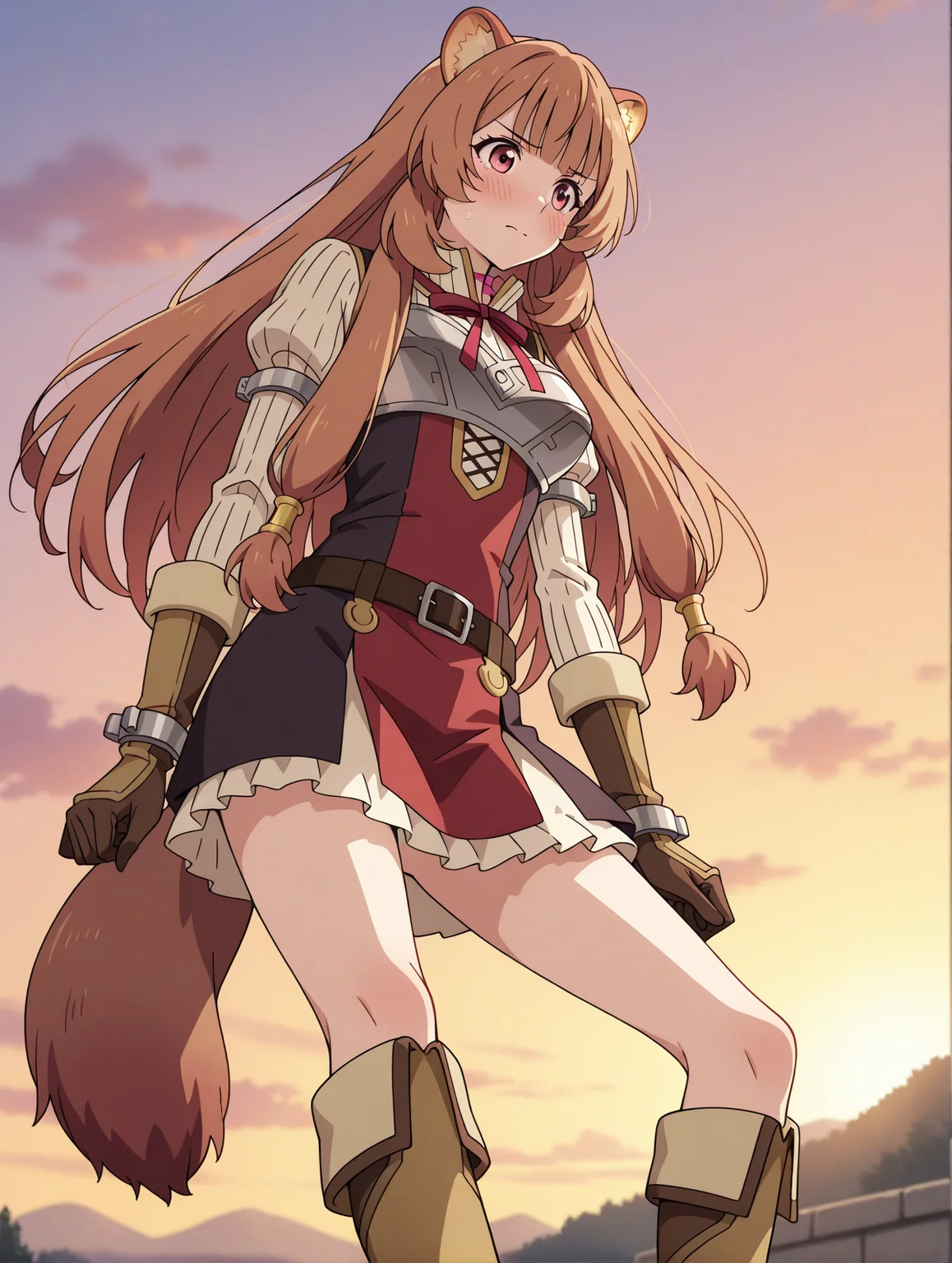 (red dress striped sweater red neck ribbon breastplate belt brown gloves knee boots:1.50),
tny-raphtalia, pink eyes, brown hair, sidelocks, blunt bangs, raccoon ears, raccoon tail,
medium breasts, 1girl, solo, skinny,
(masterpiece, highres, ultra-detailed,very aesthetic, best quality, absurdres, high quality, highres),
flustered,
from below,
(:1.70),
BREAK,
sunset outdoors,
long hair
<lora:tny-raphtalia-V01-illXL-000002:0.70>