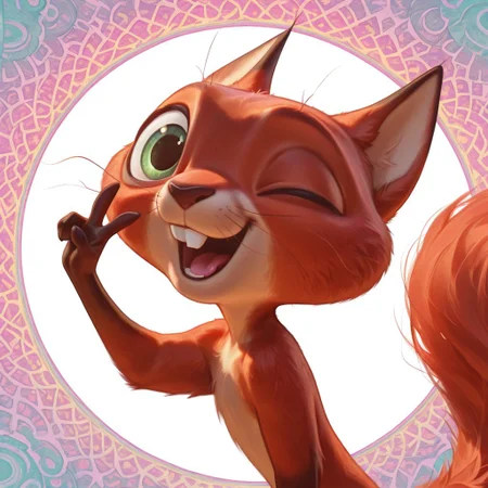 masterpiece, absurdres, amazing quality, photorealistic, ultra-detailed, solo, male focus, from side, chibi, furry male, 1boy, chip_superpet, red fur, green eyes, one eye closed, crooked whiskers, chipped tooth, buck teeth, open mouth, happy, smile, tongue, fluffy tail, slim, body fur, brown hands, cute, upper body, portrait, close-up, turning head, looking at viewer, hand up, v over eye,
BREAK
psychedelic background, patterned background, pastel colors, g0thic, neon, shadow, detailed shading, glowing, backlighting, WaiIL25PosC