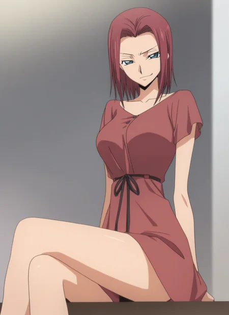 masterpiece, best quality, newest, absurdres, highres, cdgs, 1girl, Kallen, casual outfit, sitting, looking at viewer, smug, blue eyes, red hair, detailed, <lora:Code_Geass_Style_Illustrious:1.0>