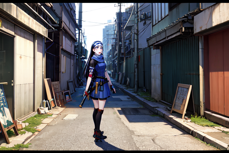 highly insanely detailed, masterpiece, top quality, best quality, highres, 4k, 8k, RAW photo, (very aesthetic, beautiful and aesthetic),  
beth_\(megami_tensei\),bethsmtii,shin megami tensei ii,long hair,black hair,straight hair,sleek black,jewelry,cross,headband,red_lipstick,katana,sword,Tokyo_Millennium,post-apocalyptic_city,dystopian_world, 
<lora:zs_Beth:0.6>, 
(1girl:1.3), 1other, 
dirty alley,âââ