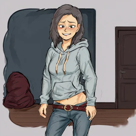 Derpuss, 1girl, solo, long hair, looking at viewer, smile, long sleeves, closed mouth, standing, ass, looking back, indoors, hood, clothes lift, from behind, hoodie, hood down, smug, grey hoodie, jeans, undressing, shirt pull,