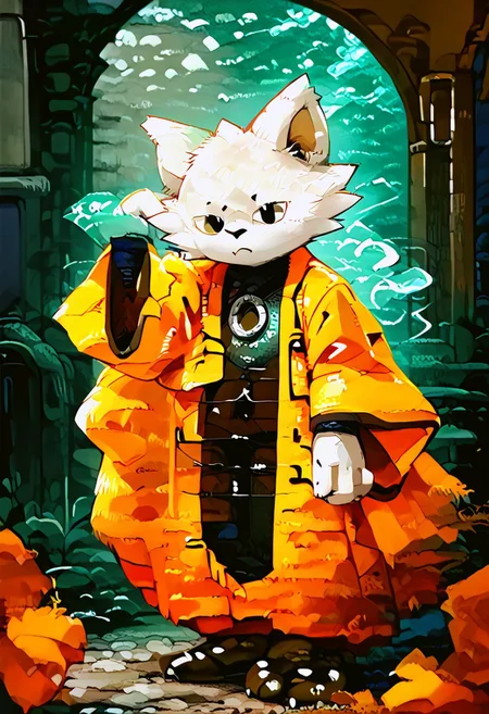 zuppu11, full body, solo, furry, score_9, score_8_up, look at viewer, male focus, no humans, furry male, flux-style, detailed eyes, yi, yellow coat, coat long sleeves, wide sleeves, robe, haori, body suit, white fur, green ring on chest, animal ears, furry, furry male, black eyes, body fur, no mouths, fangs, fluxPaint