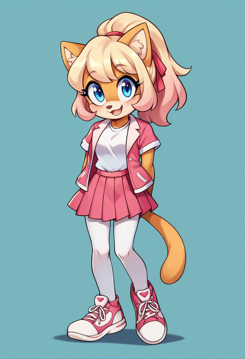score_9, score_8_up, score_7_up, score_6_up, score_5_up, score_4_up, j3n, 1girl, Full body, solo, furry female, cat ears, fluffy tail, bushy tail, blonde fur, blonde hair, ponytail, pink hair ribbon, blue eyes, pink jacket, open jacket, white shirt, short sleeves, pleated skirt, pink skirt, white thighhighs, cotton tights, sneakers, happy, standing, legs together, arms at sides