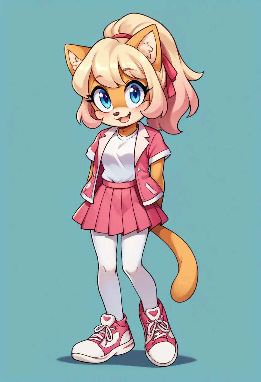 score_9, score_8_up, score_7_up, score_6_up, score_5_up, score_4_up, j3n, 1girl, Full body, solo, furry female, cat ears, fluffy tail, bushy tail, blonde fur, blonde hair, ponytail, pink hair ribbon, blue eyes, pink jacket, open jacket, white shirt, short sleeves, pleated skirt, pink skirt, white thighhighs, cotton tights, sneakers, happy, standing, legs together, arms at sides