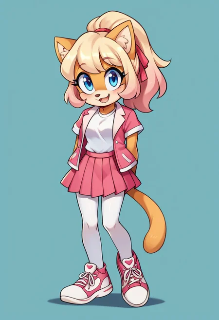 score_9, score_8_up, score_7_up, score_6_up, score_5_up, score_4_up, j3n, 1girl, Full body, solo, furry female, cat ears, fluffy tail, bushy tail, blonde fur, blonde hair, ponytail, pink hair ribbon, blue eyes, pink jacket, open jacket, white shirt, short sleeves, pleated skirt, pink skirt, white thighhighs, cotton tights, sneakers, happy, standing, legs together, arms at sides