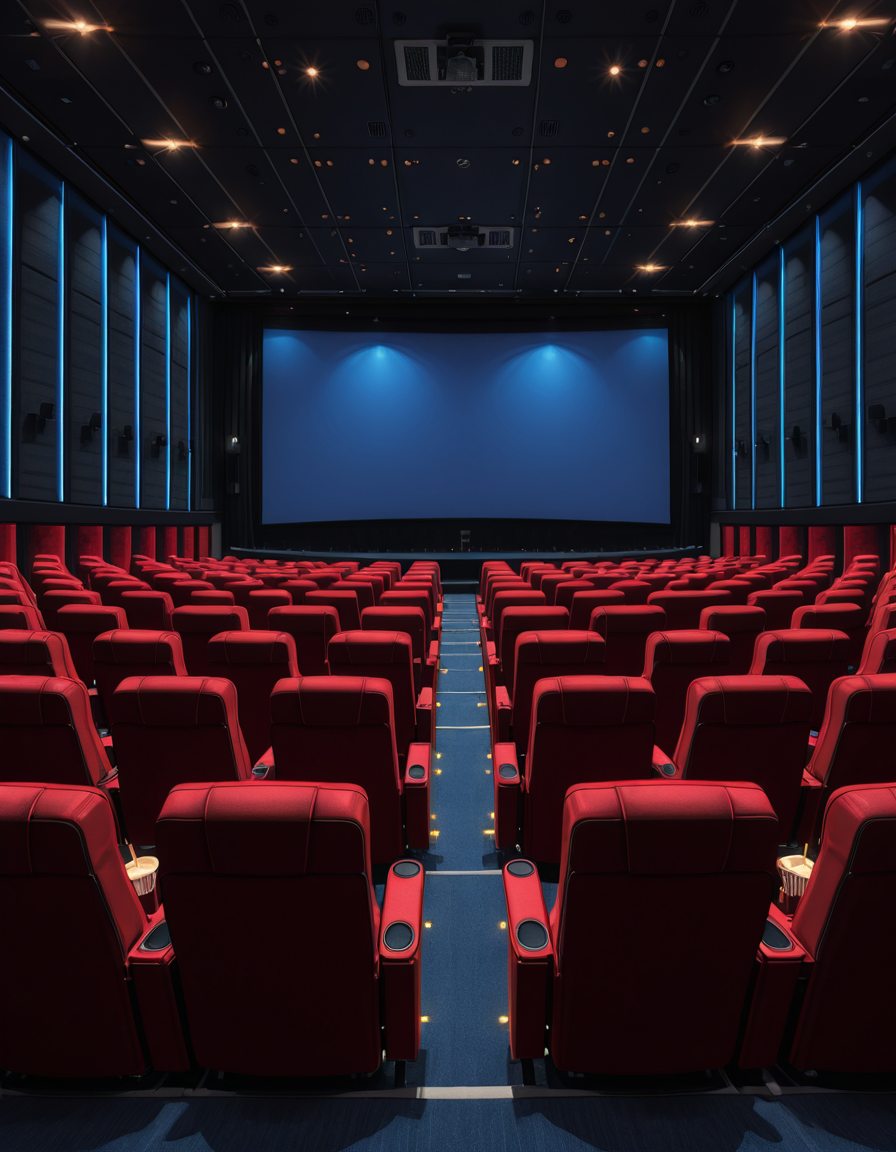A hyper-realistic photograph of a modern movie theater interior, captured in wide-angle view. The theater features luxurious, reclining leather seats in neat, evenly spaced rows, each with built-in cup holders and small ambient lights. The large cinema screen at the front is illuminated with a soft glow, displaying a blank, slightly reflective white surface before the movie starts. Elegant acoustic wall panels in dark matte tones (deep blue and charcoal gray) line the walls, with discreet LED strips adding a subtle, futuristic glow along the aisles. The ceiling is high with recessed lighting, dimmed to create a cozy atmosphere, and small star-like lights are scattered across it, imitating a night sky effect. The carpet is plush, dark red with geometric patterns, and the air feels cool and fresh. No people are present, giving the theater a perfectly prepared, silent ambiance, moments before the first scene begins. The lighting is soft and balanced, emphasizing the textures of the seats, walls, and flooring while keeping the mood cinematic and inviting. 
<lora:SDXLFaeTastic2400:0.4> <lora:extremely_detailed:0.4> extremely detailed,modern movie th34t3r, <lora:modern_movie_th34t3r-i:1>, Masterpiece,best quality,hi res,8k,hi res,8k,award winning,(sharp focus, intricate, highly detailed),