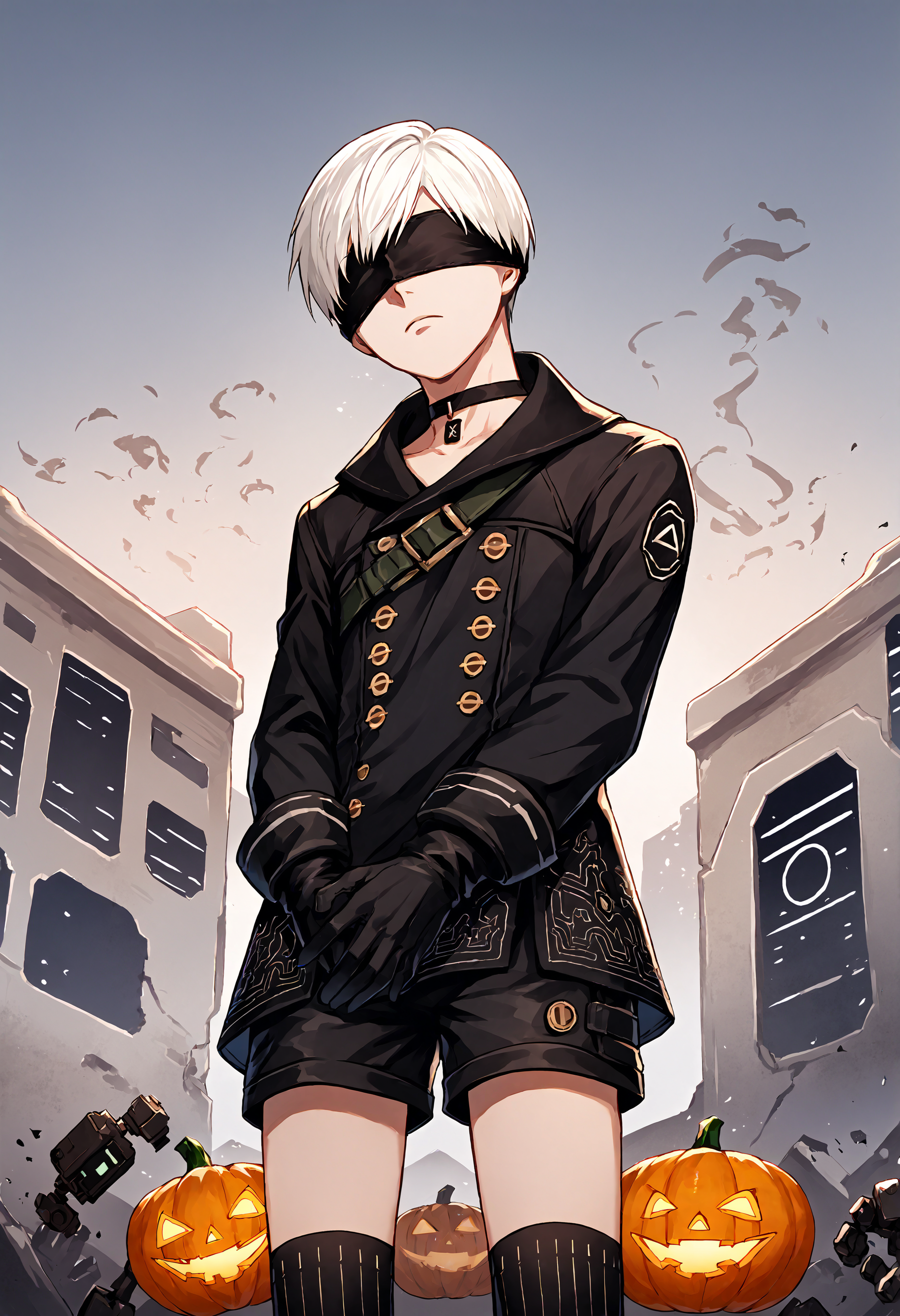 biomechanical cyberpunk score_9, score_7_up, source_anime, uncensored, cowboy shot, head tilt, from below, imageboard colors, (singularity:1.1), hands between legs, scheming, comic, Jack-o'-lantern, arena
<lora:NierAutomata_9S_v1.0:1> 9S, 9s (nier:automata), 1boy, solo, gloves, shorts, black gloves, white hair, black blindfold, black choker, short hair, kneehighs, long sleeves, black jacket, double-breasted, jacket, buttons
. cybernetics, human-machine fusion, dystopian, organic meets artificial, dark, intricate, highly detailed